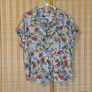 Sonoma Womens XL Top Button Up Caribbean Tropical Vacation Linen Blend Cruise